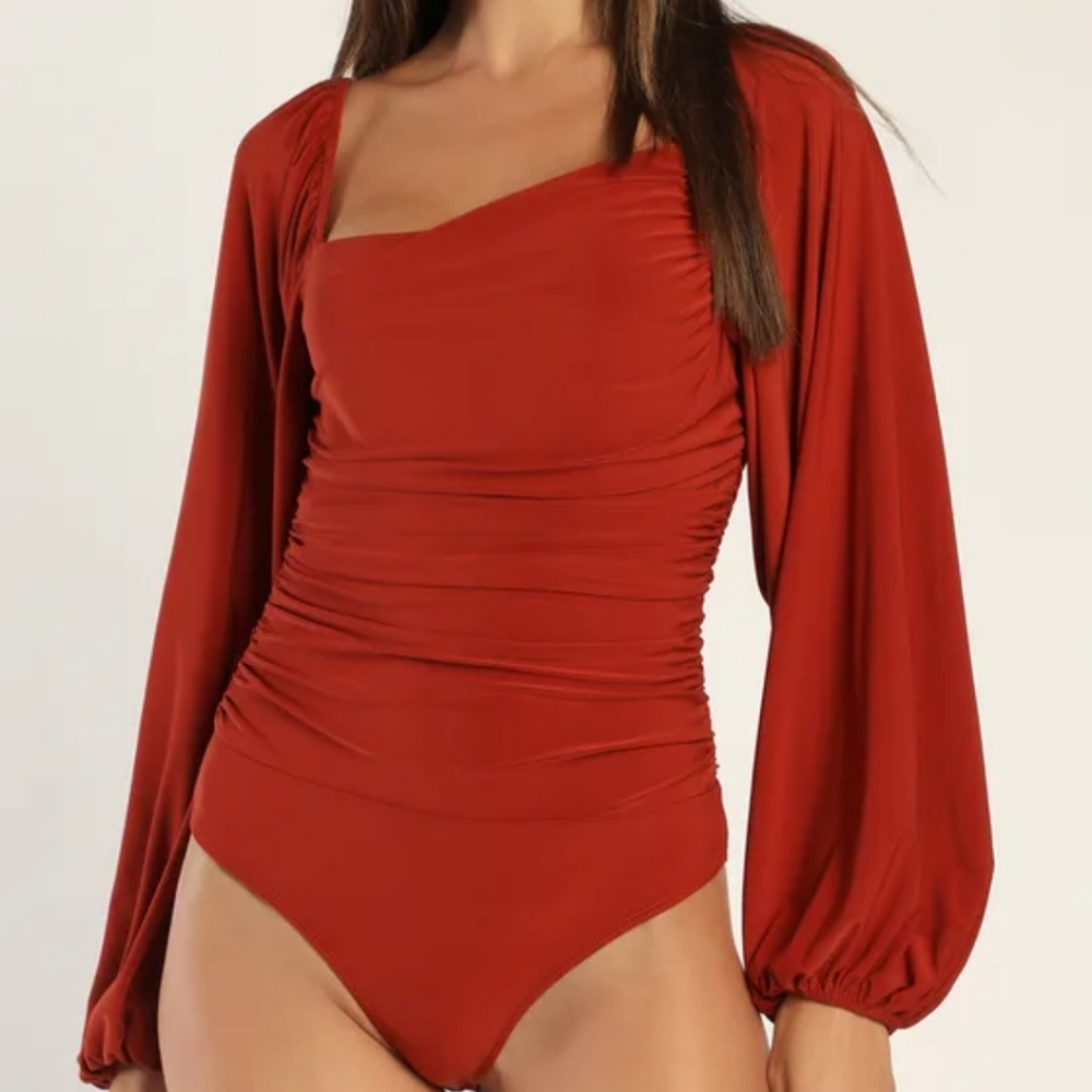 NWT Anything But Average Rust Orange Ruched Balloon Sleeve Bodysuit Top Sz XS